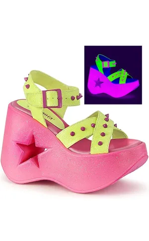 DYNAMITE-02 Neon Yellow & Pink Glitter Wedge Heels