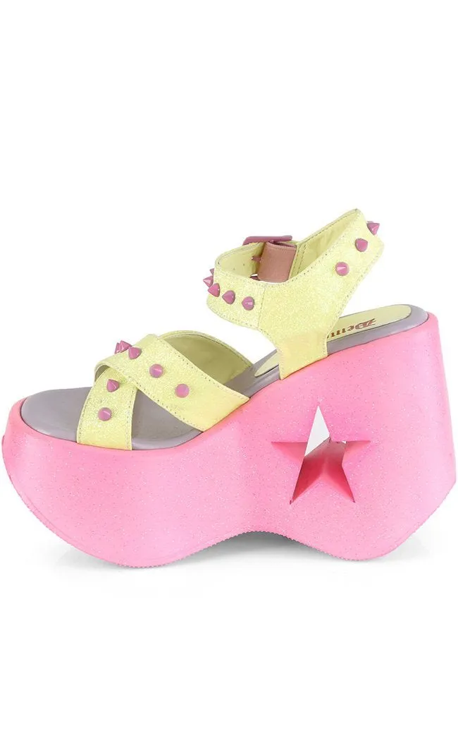 DYNAMITE-02 Neon Yellow & Pink Glitter Wedge Heels