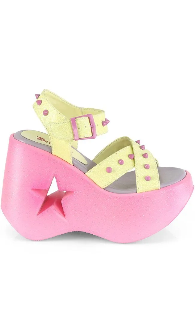 DYNAMITE-02 Neon Yellow & Pink Glitter Wedge Heels