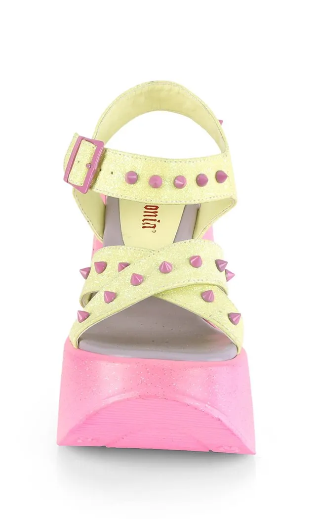 DYNAMITE-02 Neon Yellow & Pink Glitter Wedge Heels