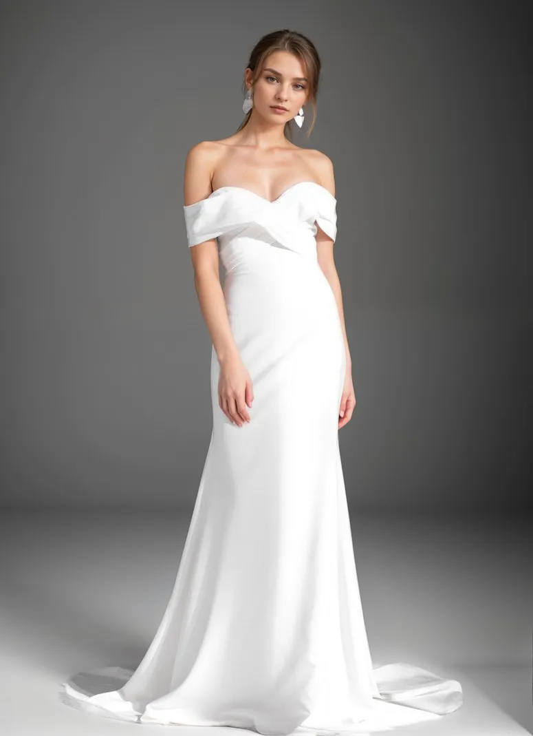 Elegant off-the-shoulder fit and flare Stretchy Satin wedding dress