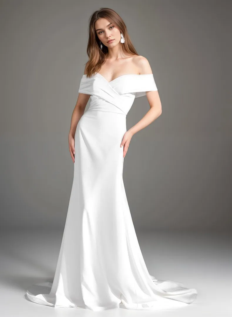 Elegant off-the-shoulder fit and flare Stretchy Satin wedding dress