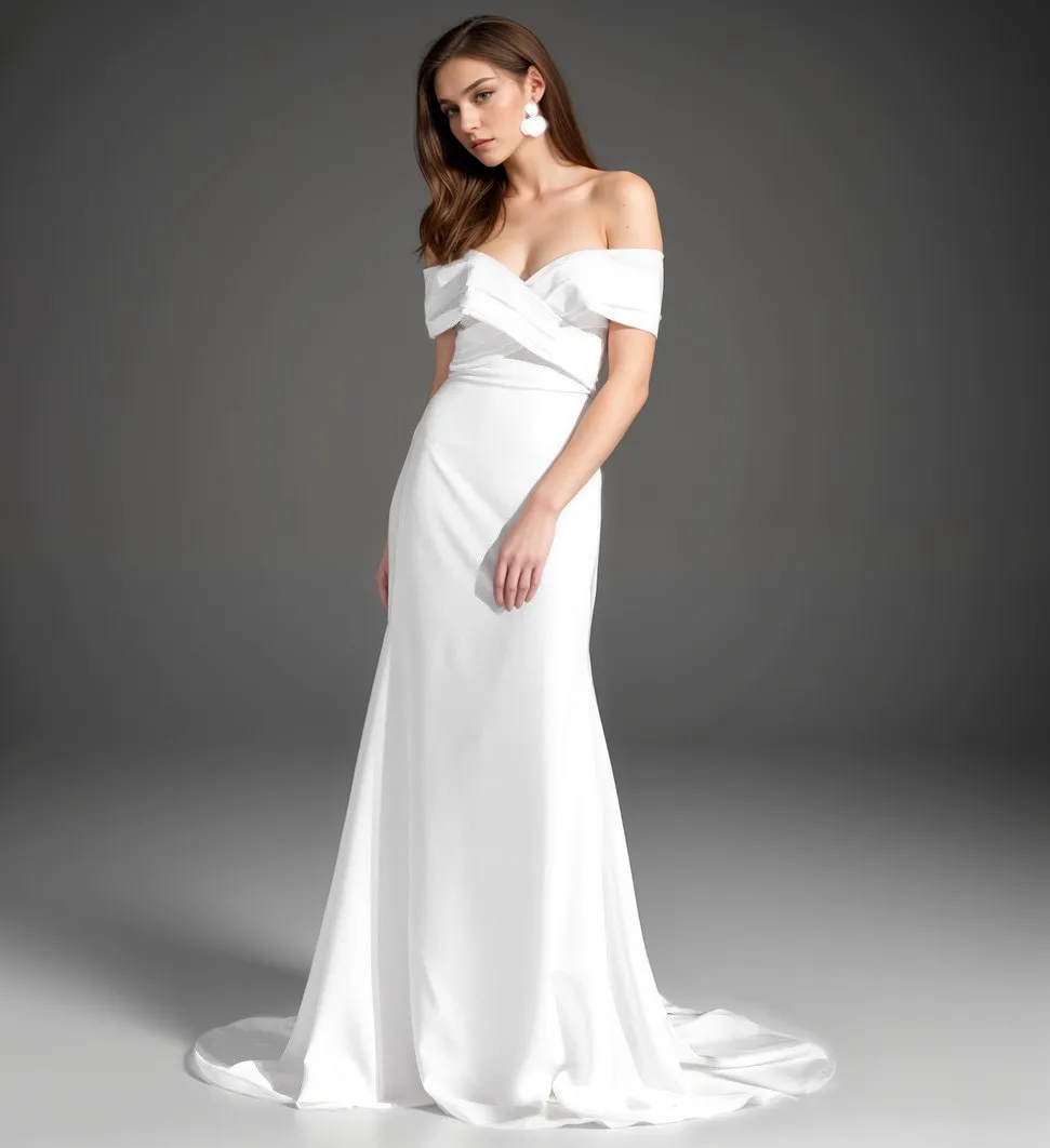 Elegant off-the-shoulder fit and flare Stretchy Satin wedding dress