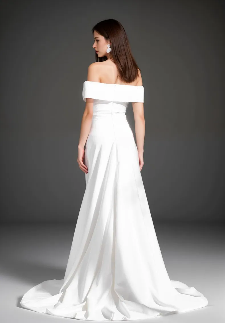 Elegant off-the-shoulder fit and flare Stretchy Satin wedding dress