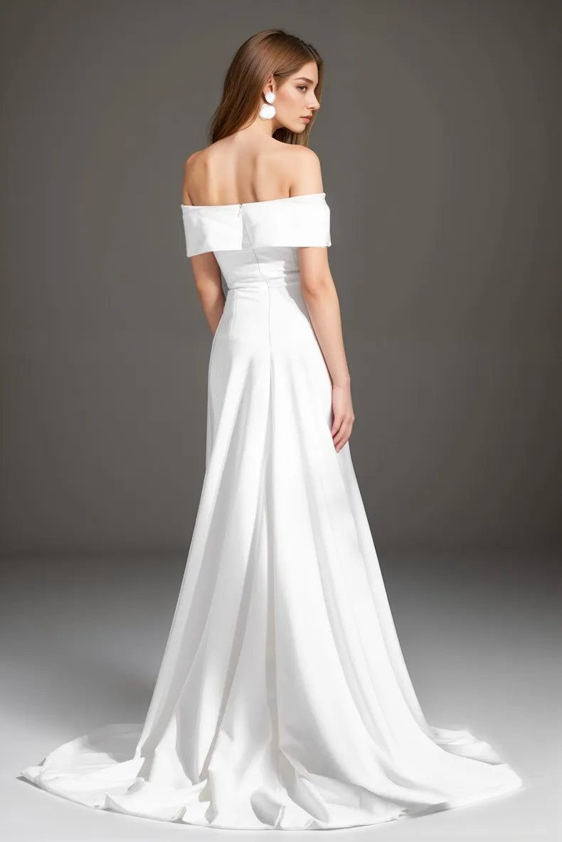 Elegant off-the-shoulder fit and flare Stretchy Satin wedding dress