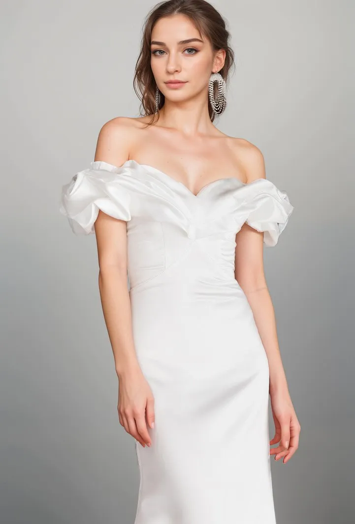 Elegant ruffled off the shoulder trumpet Italy silky satin simple wedding dress little white dress