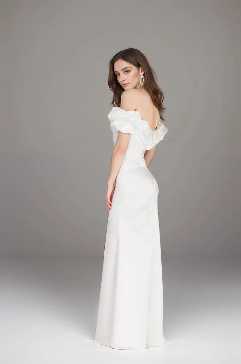 Elegant ruffled off the shoulder trumpet Italy silky satin simple wedding dress little white dress