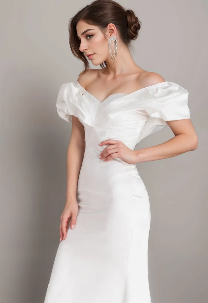 Elegant ruffled off the shoulder trumpet Italy silky satin simple wedding dress little white dress