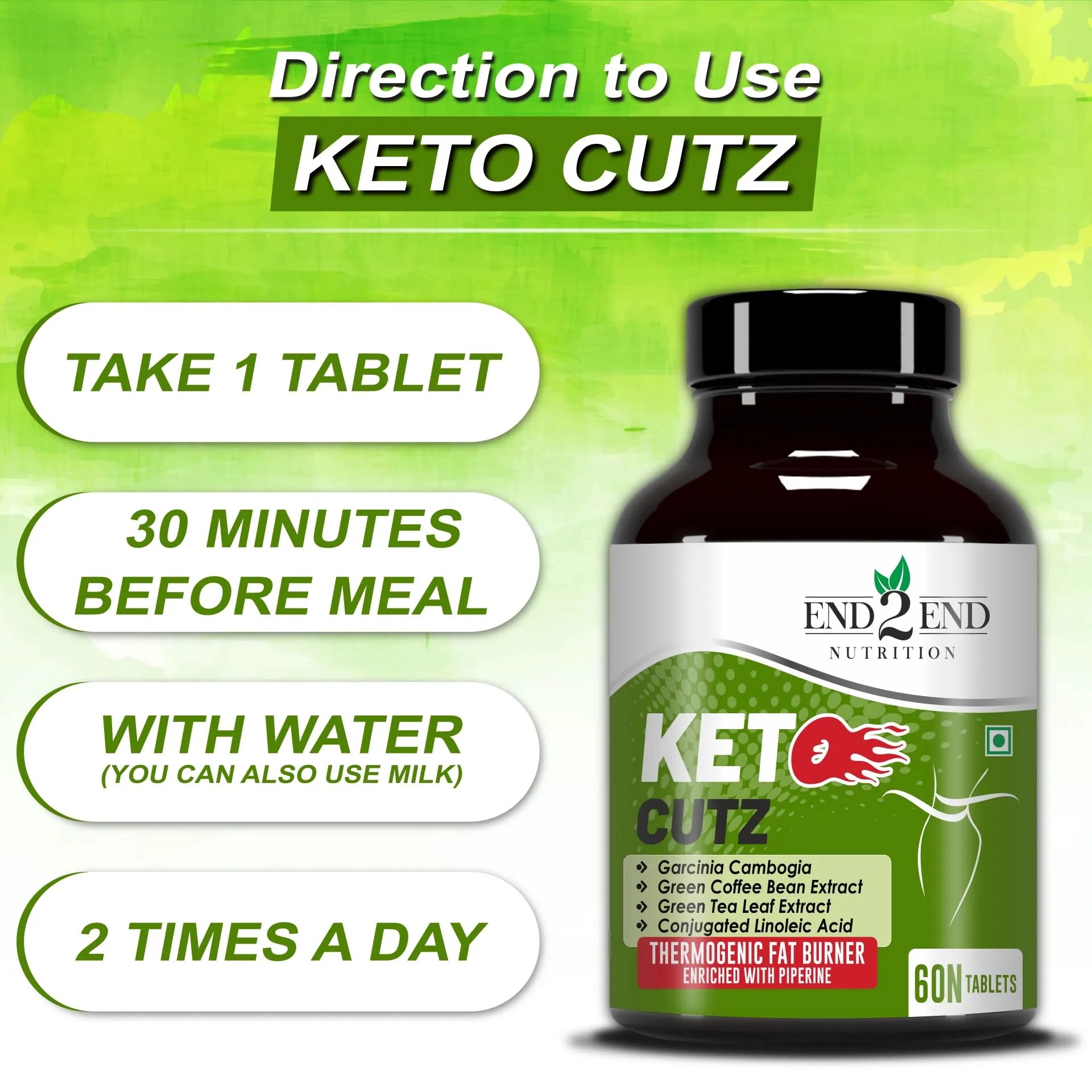 End2End Nutrition Keto Cutz Fat Burner - Weight Loss Product for Men & Women Made with Garcinia Cambogia, Green Coffee & Green Tea - 60 Tablets