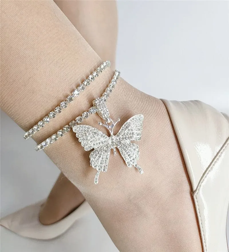 Faux Diamond Butterfly Pendant Double Anklet