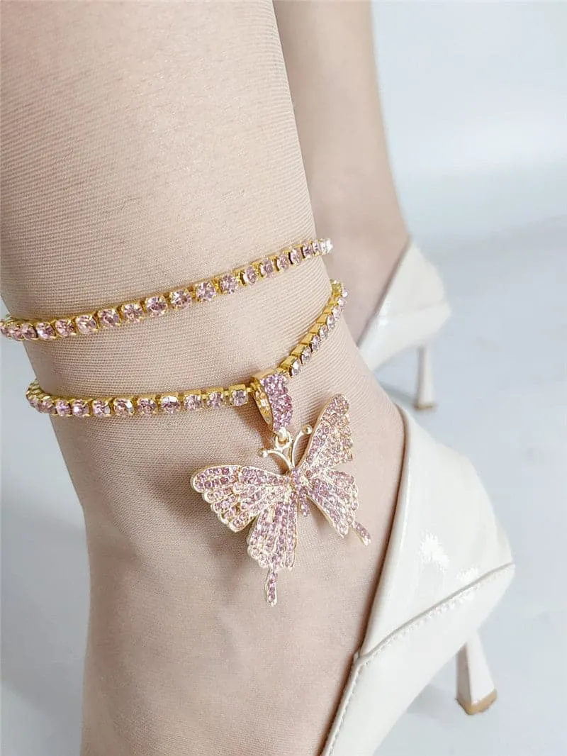 Faux Diamond Butterfly Pendant Double Anklet