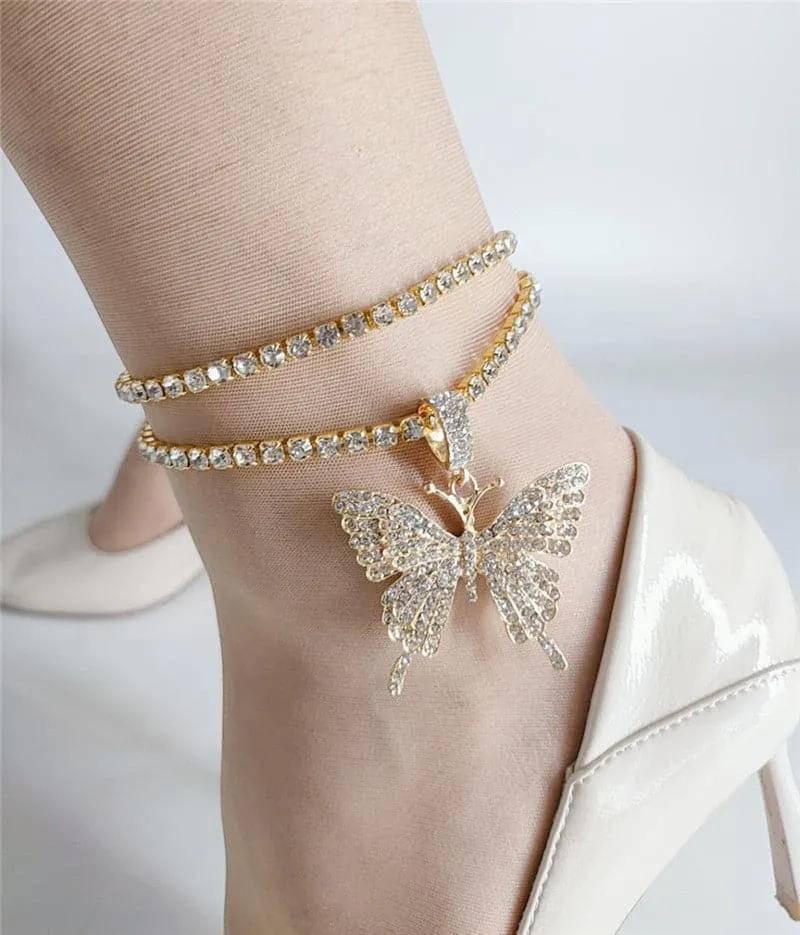 Faux Diamond Butterfly Pendant Double Anklet