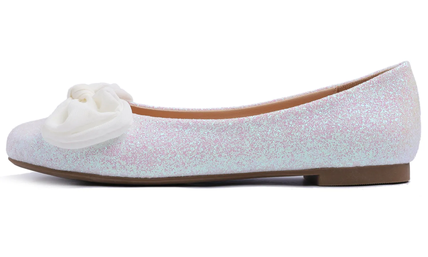 Feversole Women's Round Toe Cute Bow Trim Ballet Flats White Glitter