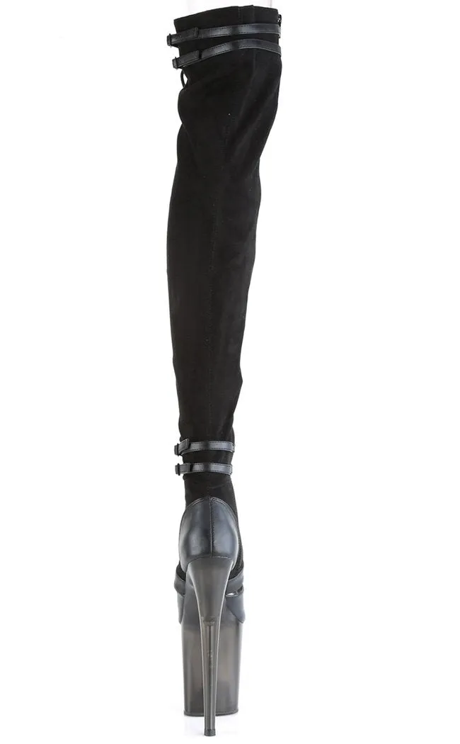 FLAMINGO-3027 Black Suede & Faux Leather Thigh High Boots