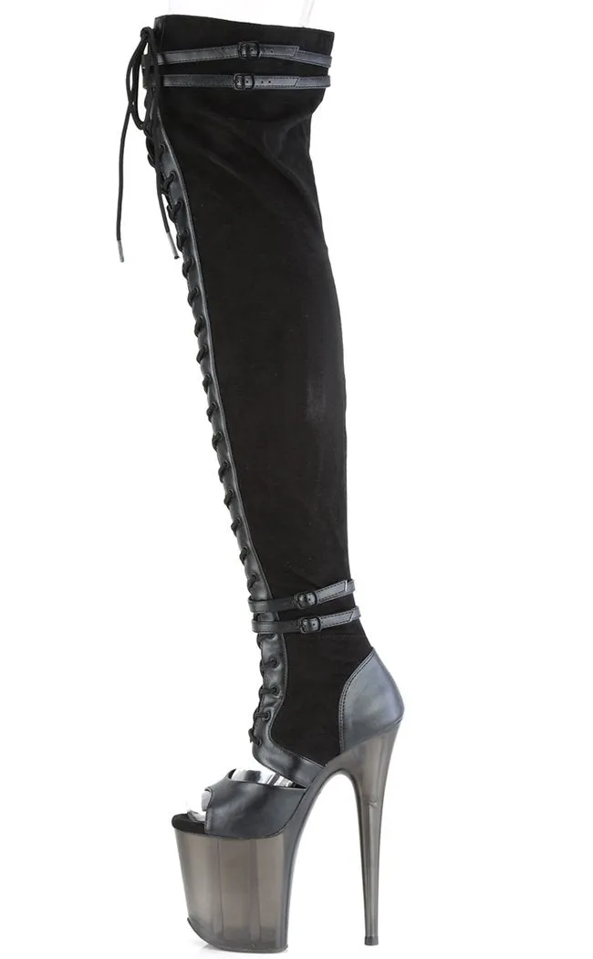 FLAMINGO-3027 Black Suede & Faux Leather Thigh High Boots