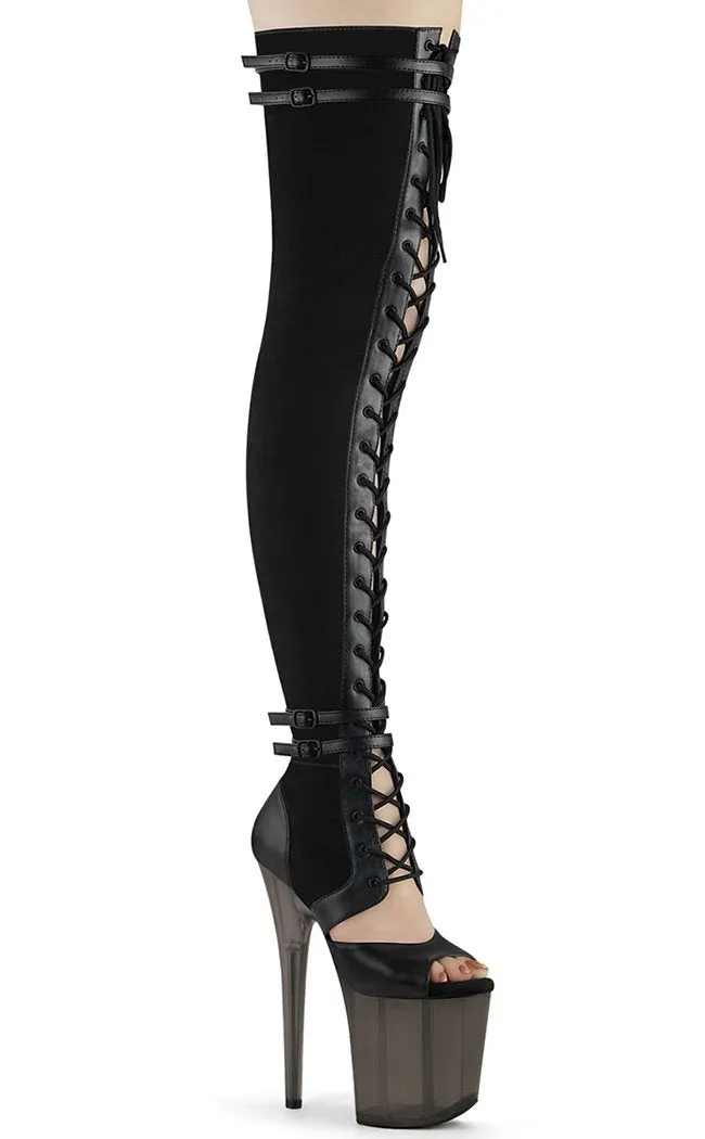 FLAMINGO-3027 Black Suede & Faux Leather Thigh High Boots