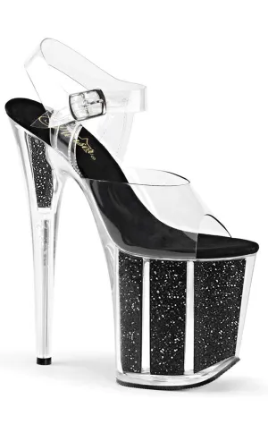 FLAMINGO-808G Clear & Black Glitter Platform Heels