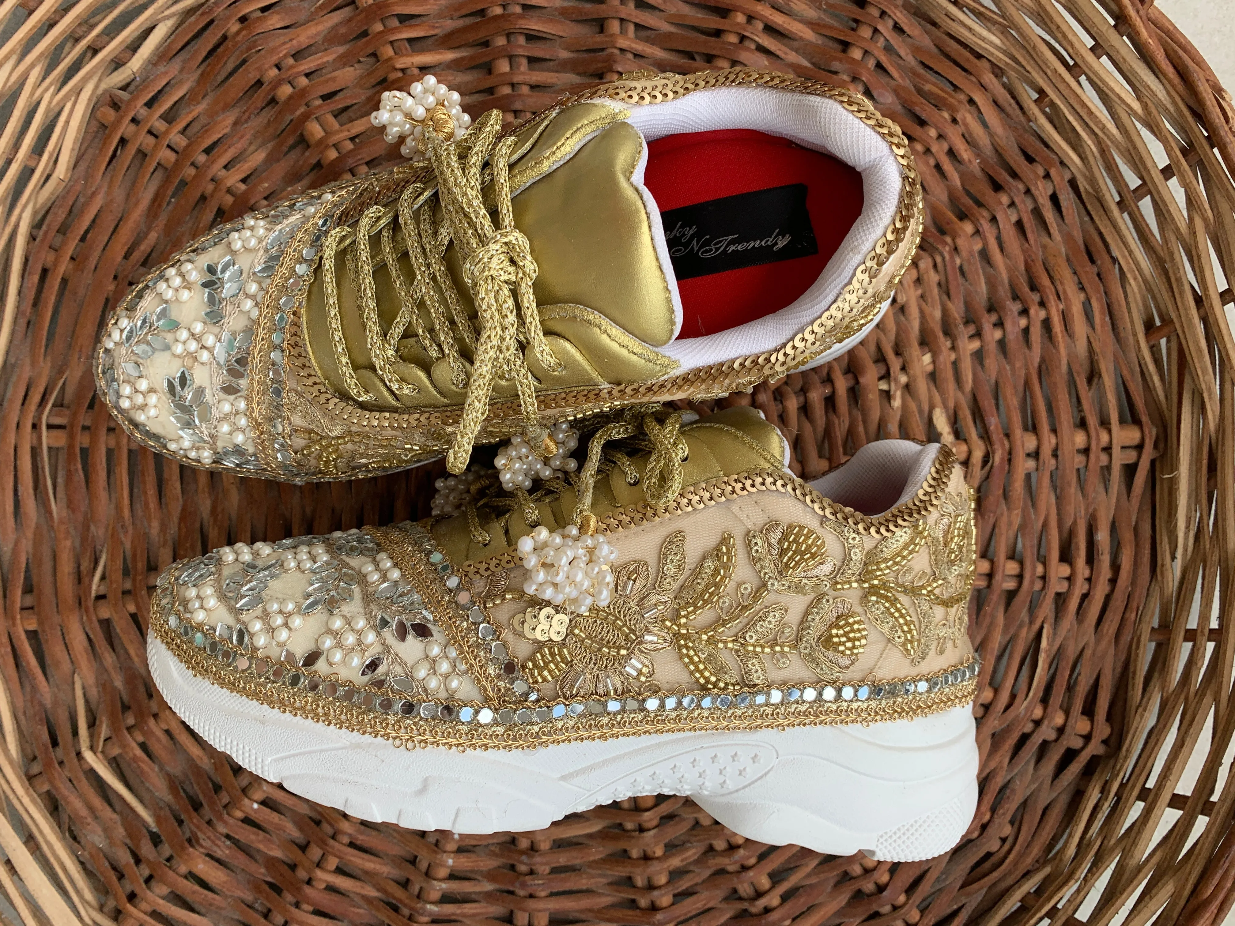 Funky N Trendy hand crafted golden bridal sneakers bridesmaid sneakers/ gold sneakers / golden sneakers / mirror sneakers