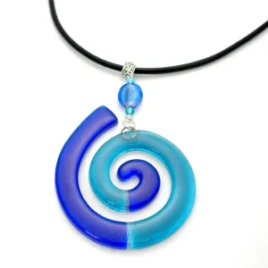 Giant Finite Swirl Glass Pendant Necklace Blue Tili Glass