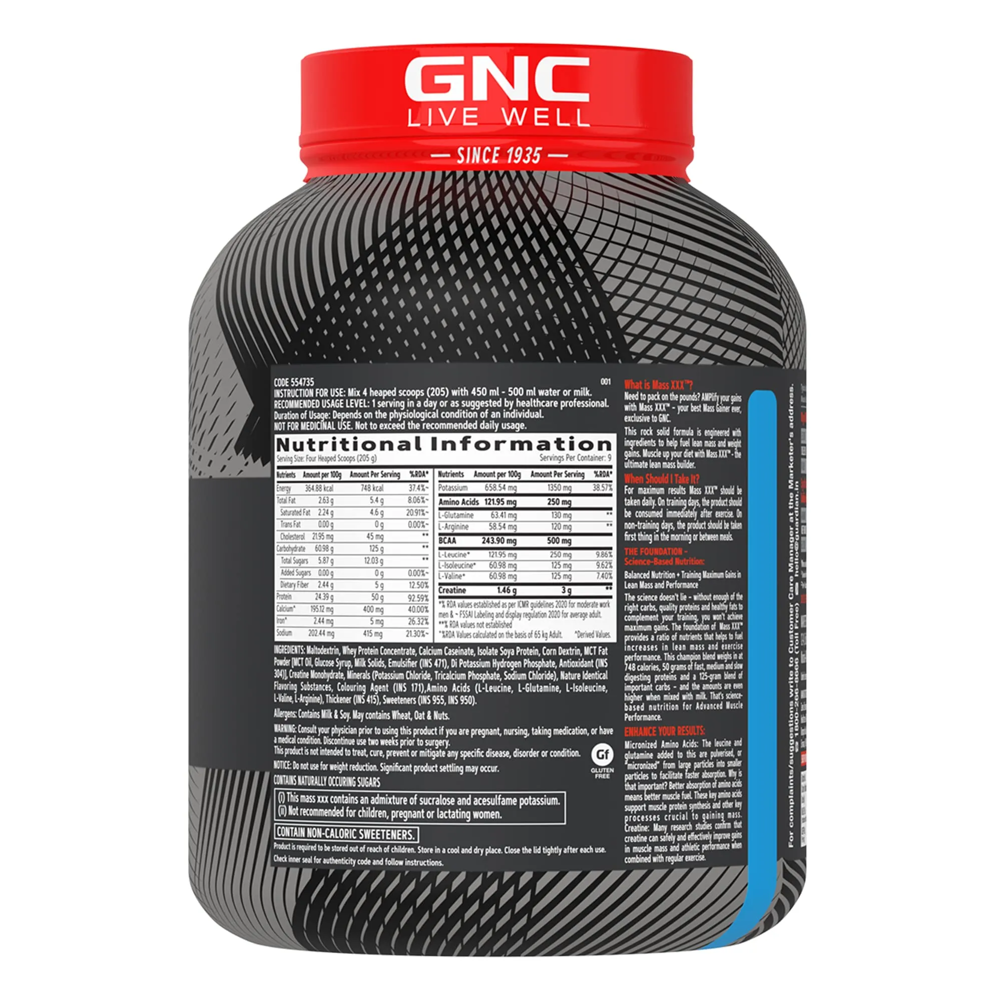 GNC AMP Mass XXX Gainer | 2 Kg | Boosts Lean Muscle Gains | Amps Up Workout Results | Increases Strength & Endurance | 50g Protein | 10g BCAA | 125g Carbs | 3g Creatine | Chocolate| Imported