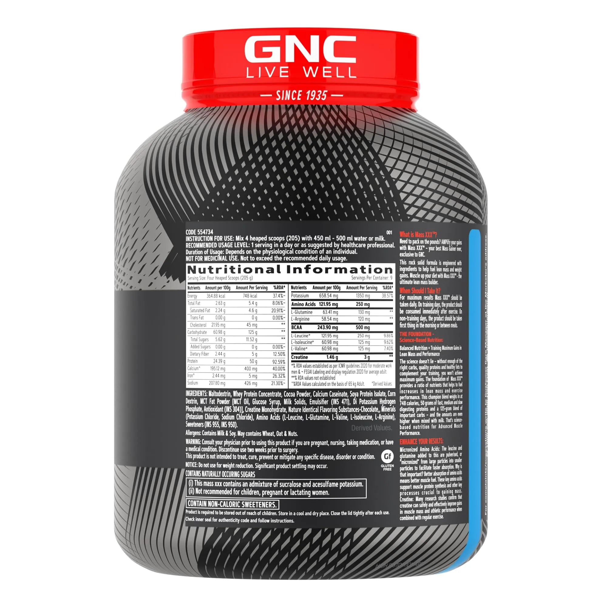 GNC AMP Mass XXX Gainer | 2 Kg | Boosts Lean Muscle Gains | Amps Up Workout Results | Increases Strength & Endurance | 50g Protein | 10g BCAA | 125g Carbs | 3g Creatine | Chocolate| Imported