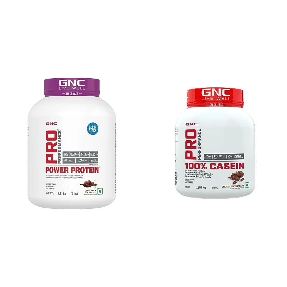 GNC Pro Performance Power Protein| Double Rich Chocolate | 4 lbs & 100% Micellar Casein | | 25g Protein | 15g EAA | 7g BCAA | Chocolate Supreme | 2 lbs COMBO