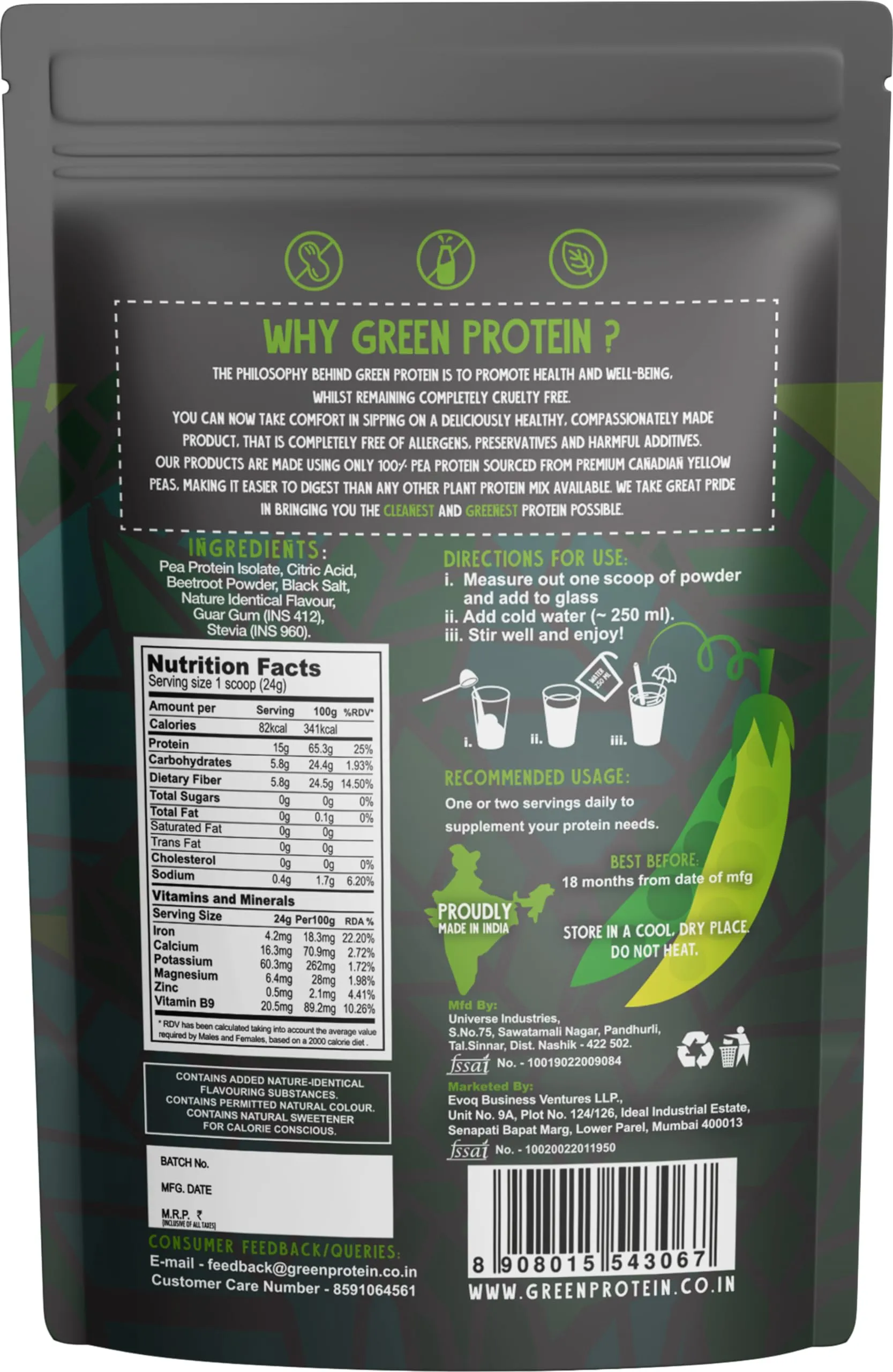 GREEN PROTEIN Pea Protein Isolate Powder, Vegan Plant Protein, No Added Sugar, 100% Vegan, Soy Free, Dairy Free, Gluten Free, Allergen Free, Berry Blast Flavor, 15g Protein Per Serving, Pouch (500g)