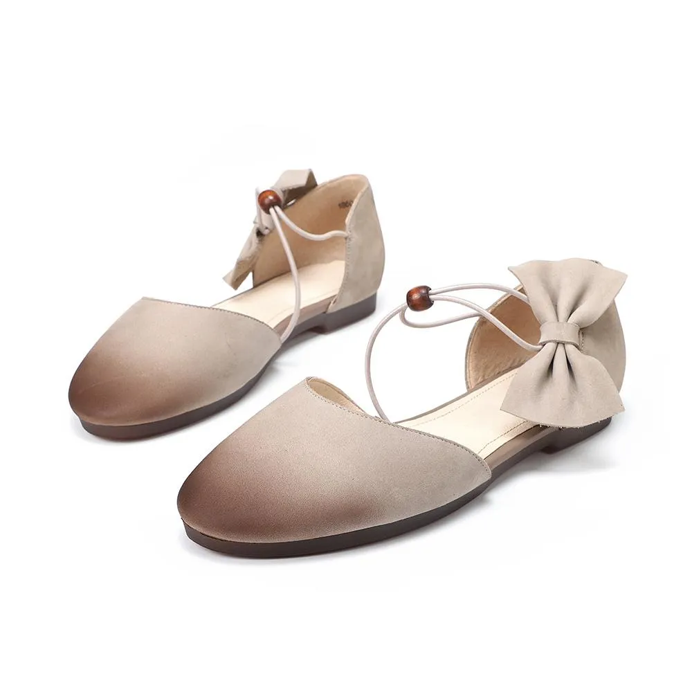 Handmade Leather Flat Mary Jane Shoes For Women Sweet Flowers Round Toe Brown/Grey