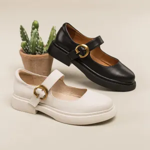 Handmade Leather Flat Mary Jane Shoes For Womens Round Toe White/Brown/Black