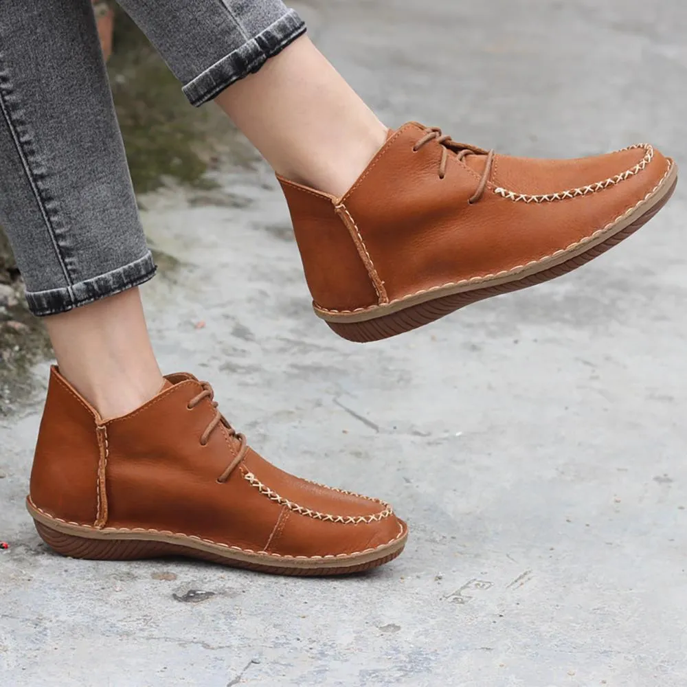 Handmade Leather Mori Girl Ankle Boots Flat Brown