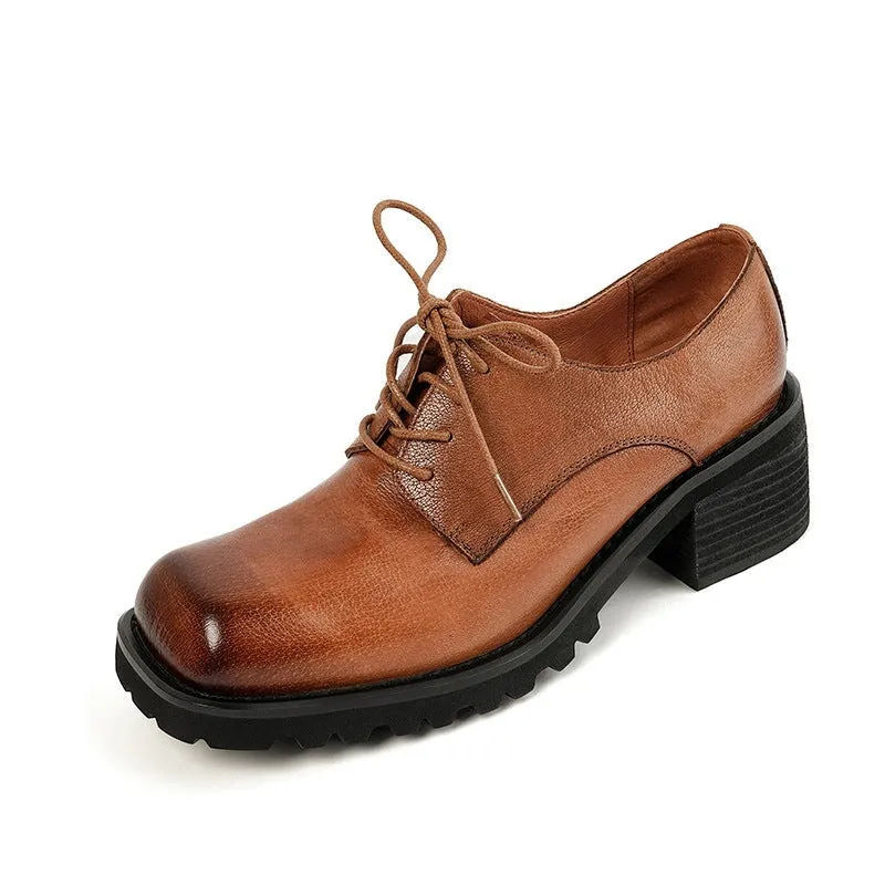 Handmade Leather Platform Lace Up Oxfords For Women In Black/Brown