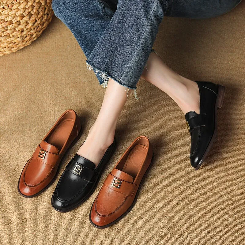 Handmade Retro Waxing Leather Loafers for Women with Metal in Brown/Black US5 to US10.5