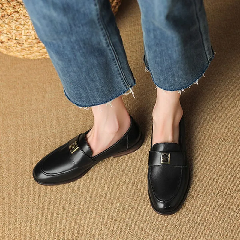 Handmade Retro Waxing Leather Loafers for Women with Metal in Brown/Black US5 to US10.5