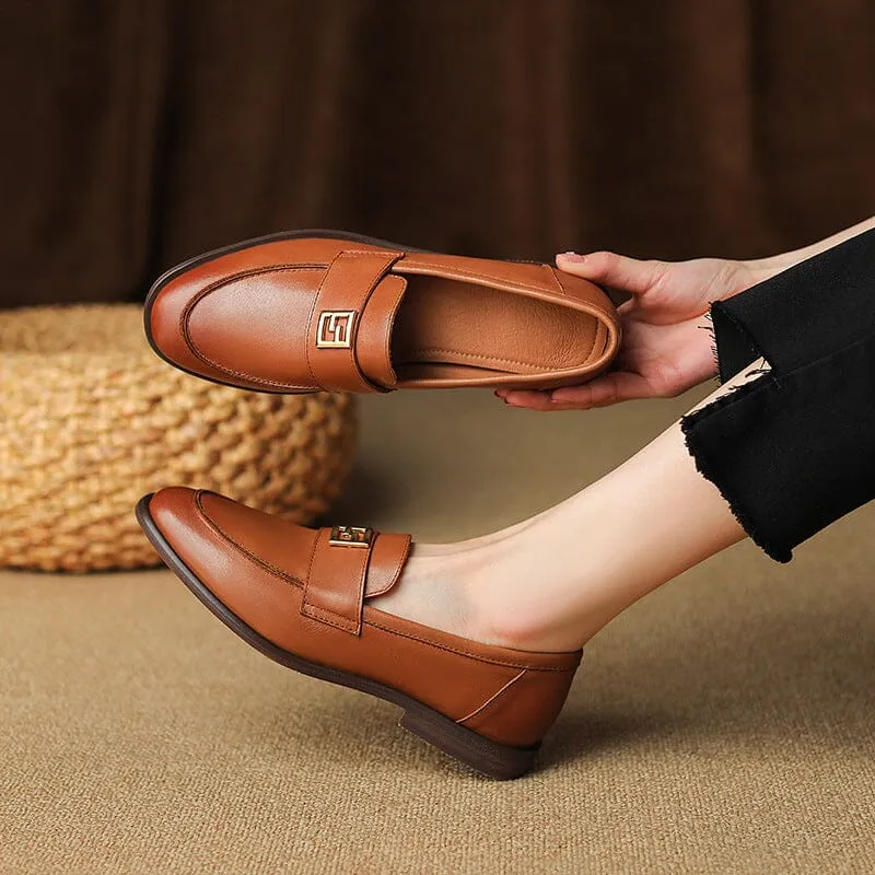 Handmade Retro Waxing Leather Loafers for Women with Metal in Brown/Black US5 to US10.5