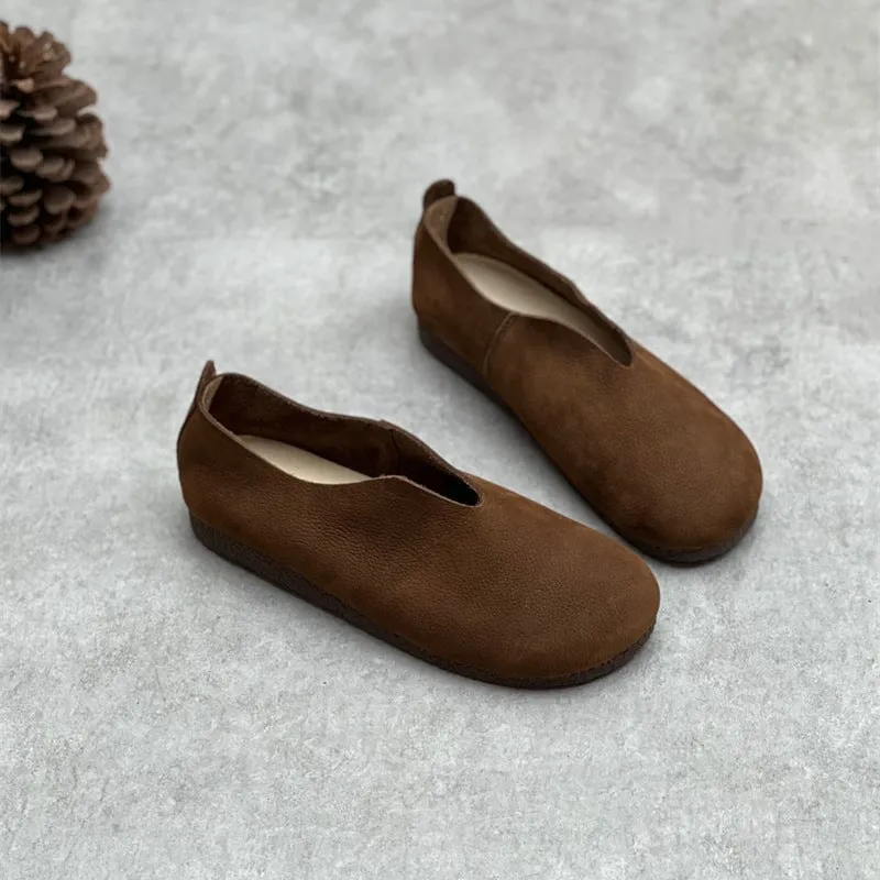 Handmade Soft Leather Flats For Women Round Toe Loafer In Khaki/Coffee/Grey