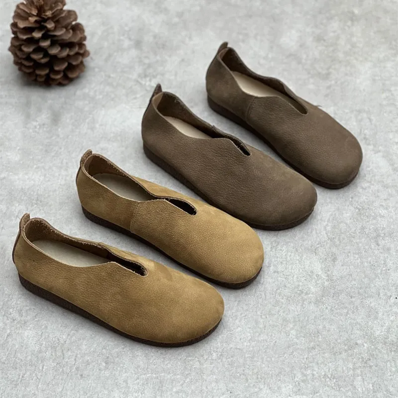 Handmade Soft Leather Flats For Women Round Toe Loafer In Khaki/Coffee/Grey