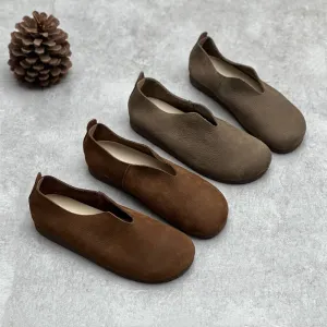 Handmade Soft Leather Flats For Women Round Toe Loafer In Khaki/Coffee/Grey