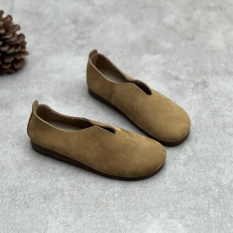 Handmade Soft Leather Flats For Women Round Toe Loafer In Khaki/Coffee/Grey