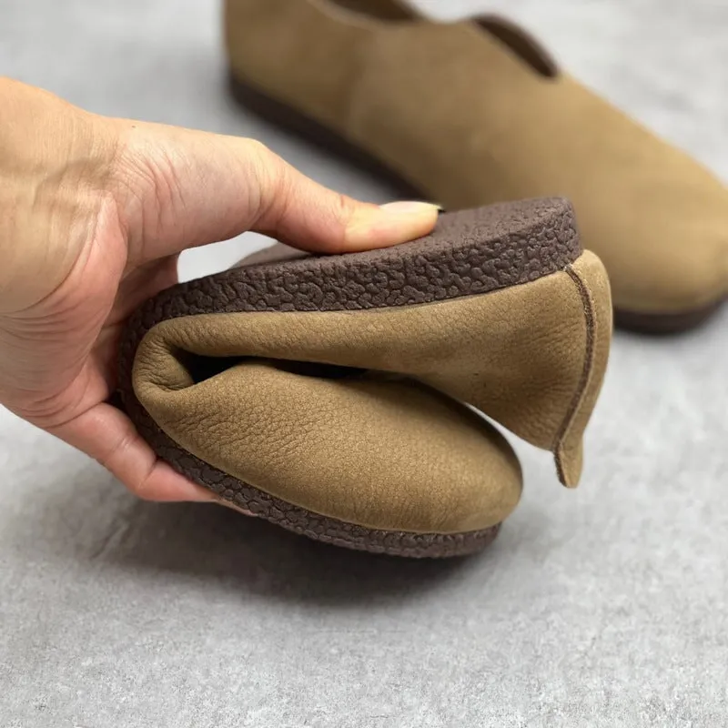 Handmade Soft Leather Flats For Women Round Toe Loafer In Khaki/Coffee/Grey