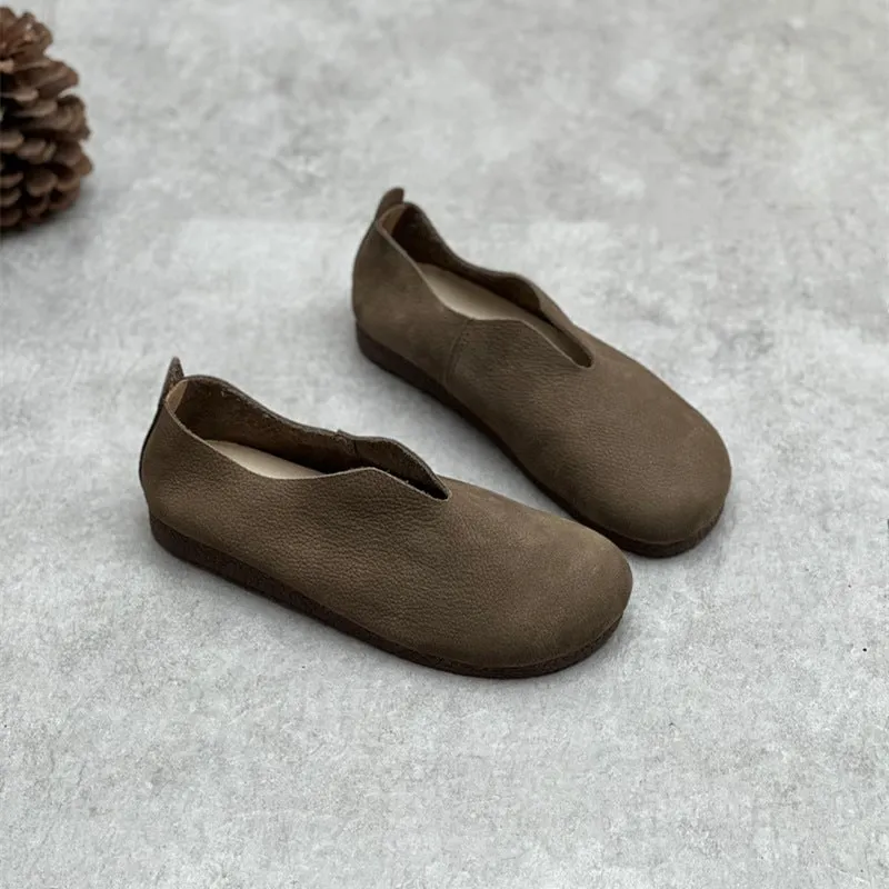 Handmade Soft Leather Flats For Women Round Toe Loafer In Khaki/Coffee/Grey