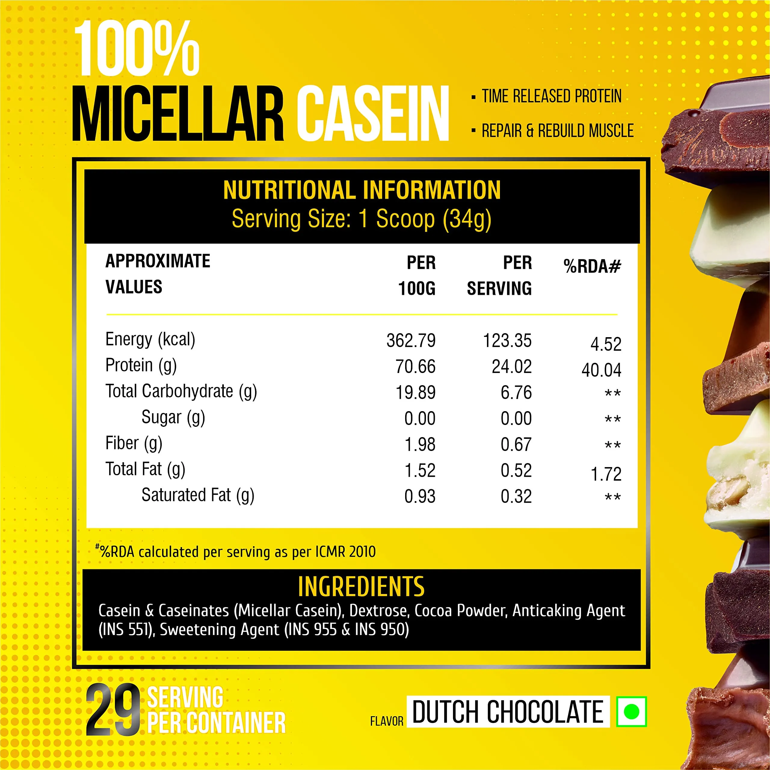 Healthfarm Micellar Casein Protein Powder 1kg |Time Released Protein,Naturally Flavoured Dutch Chocolate