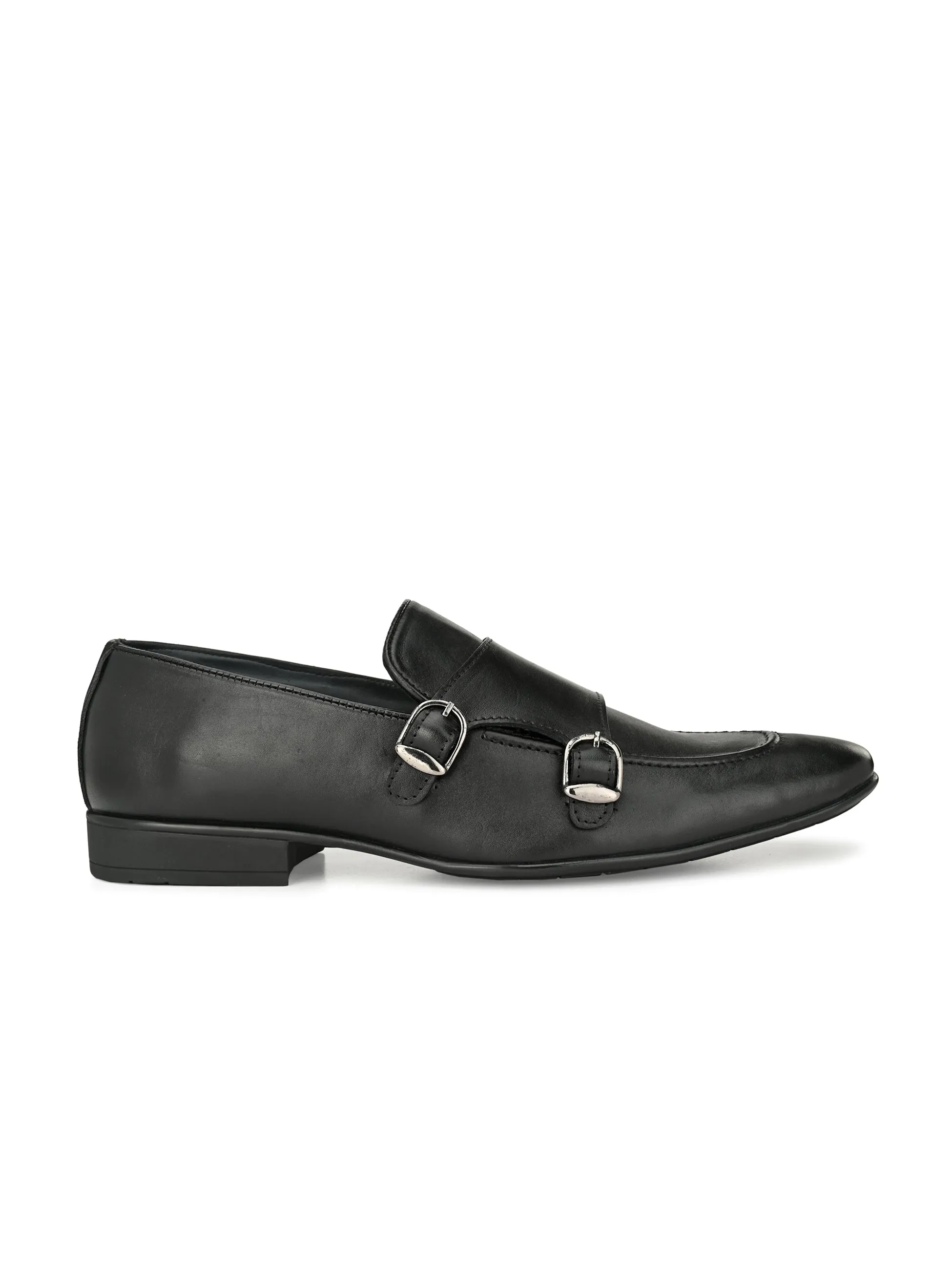 Hitz Men's Black Leather Doble Monk Semi-Formal Shoes