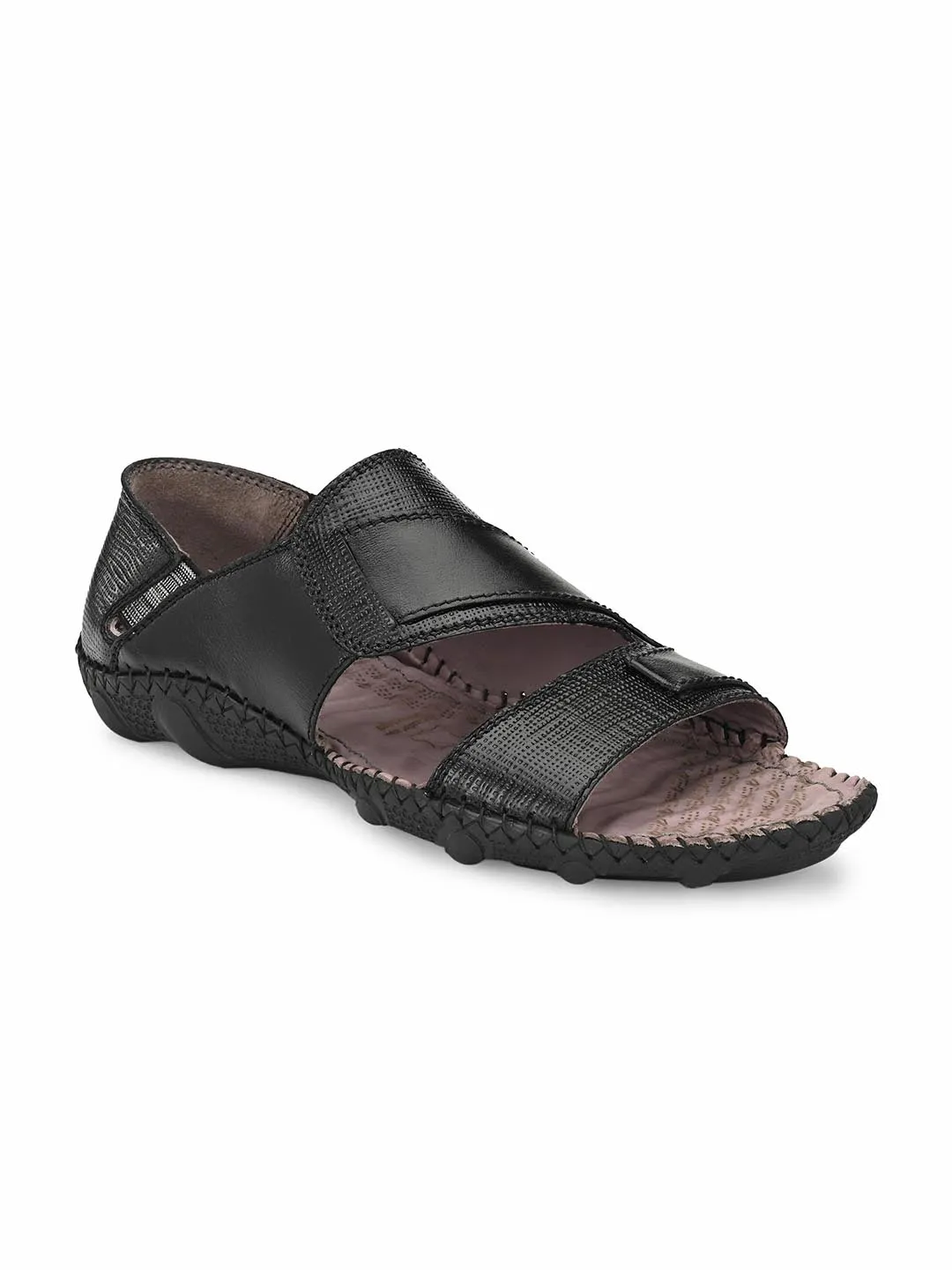 Hitz Men's Black Leather Slip-On Casual Sandals