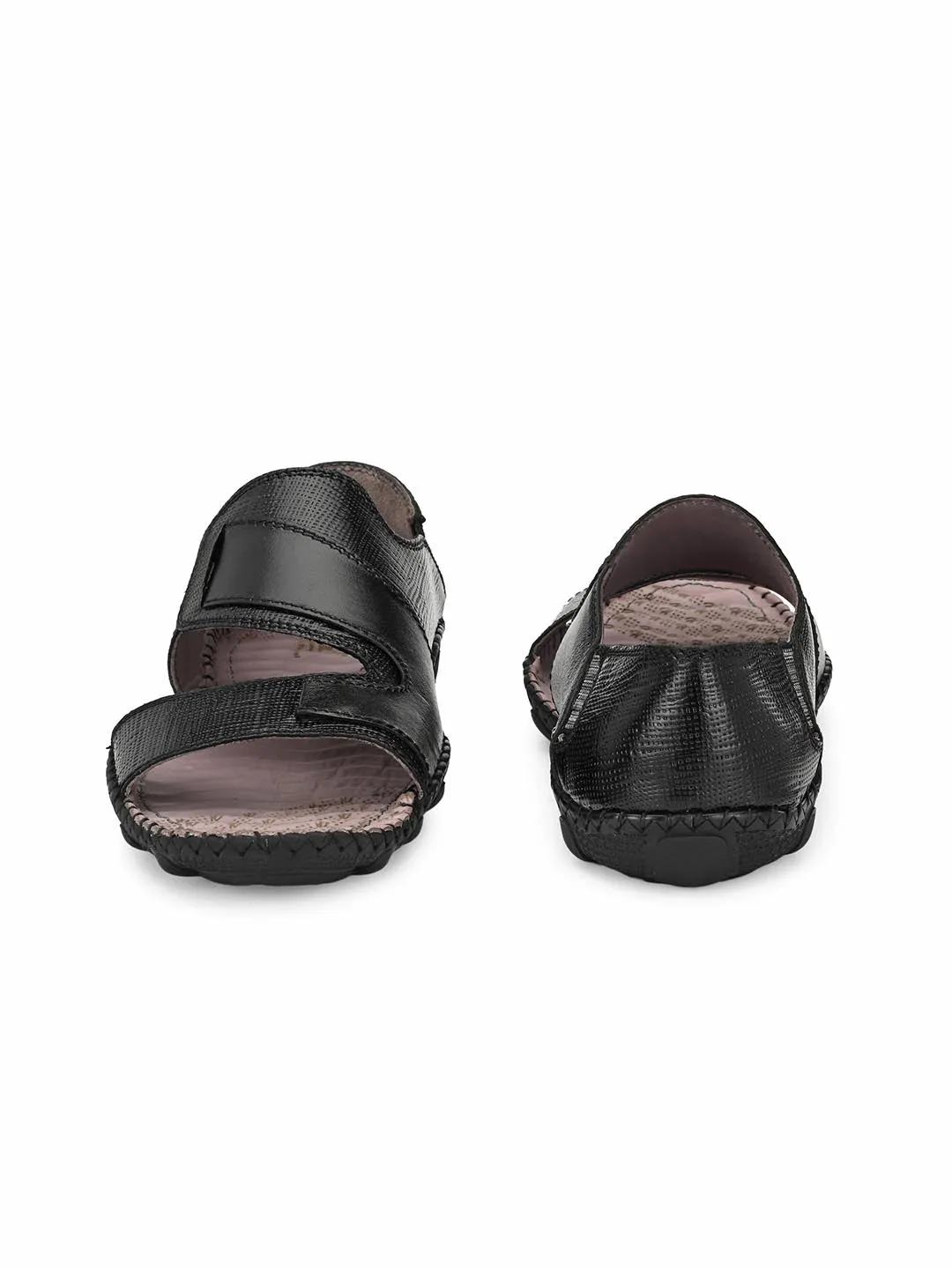 Hitz Men's Black Leather Slip-On Casual Sandals