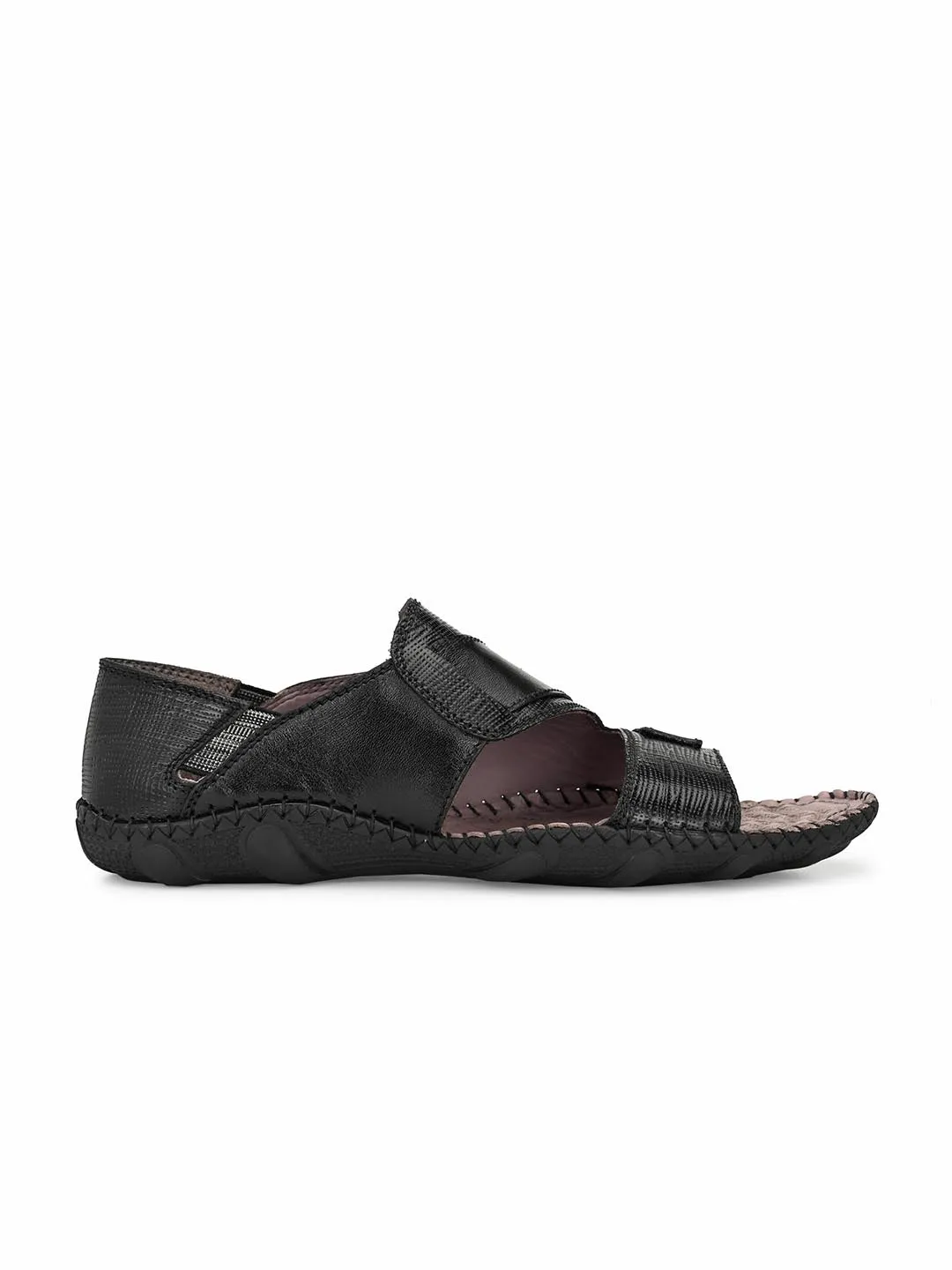 Hitz Men's Black Leather Slip-On Casual Sandals