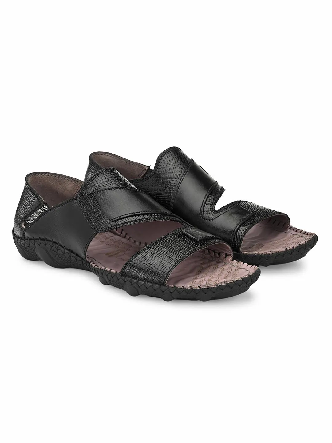 Hitz Men's Black Leather Slip-On Casual Sandals