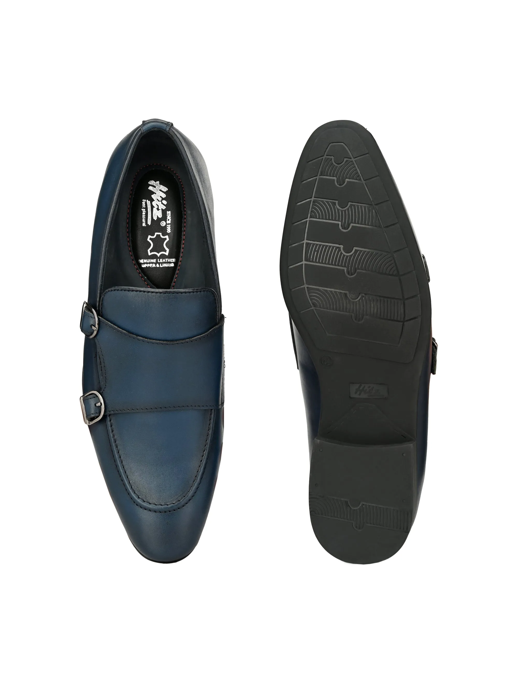 Hitz Men's Blue Leather Doble Monk Semi-Formal Shoes