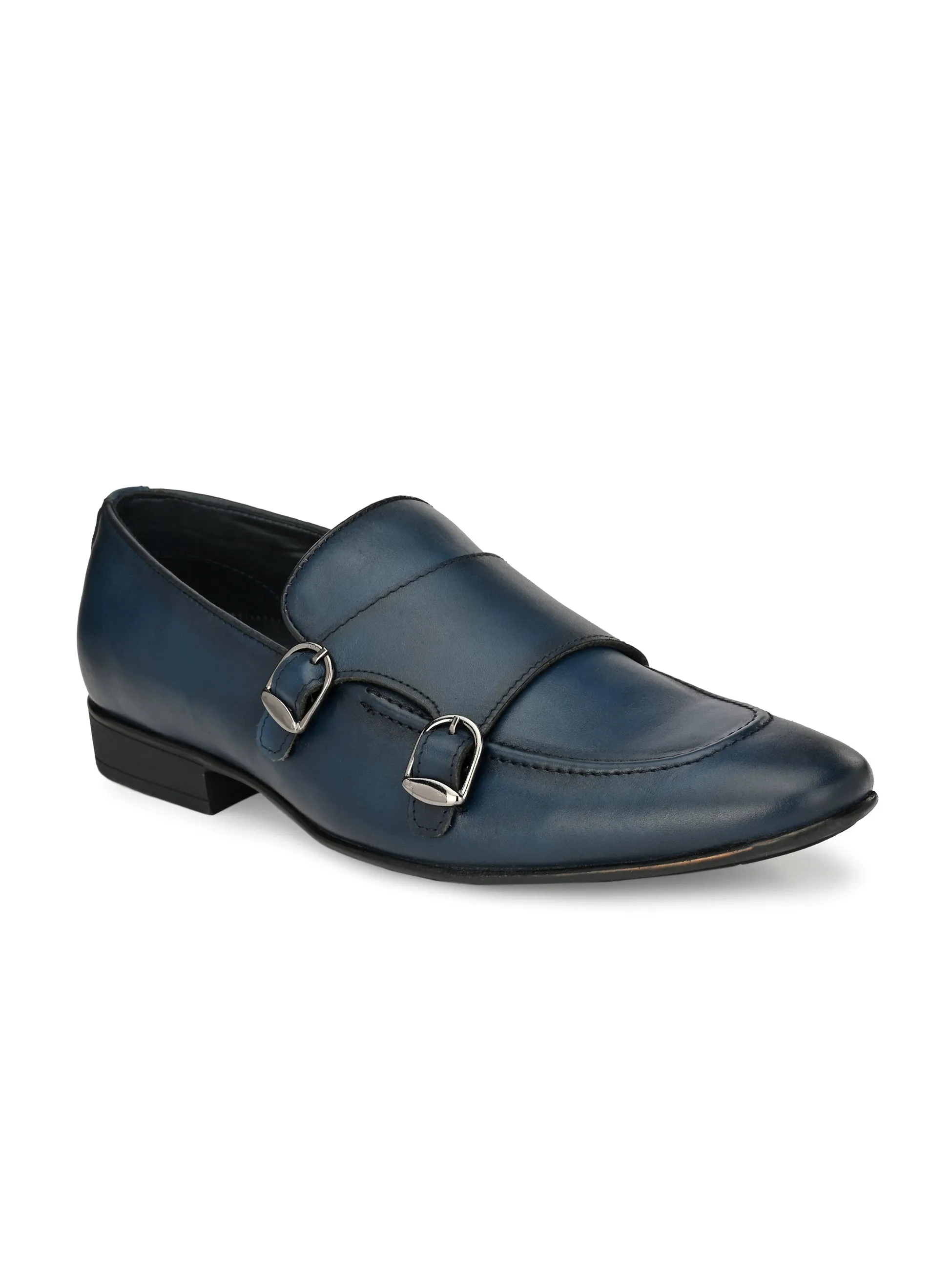 Hitz Men's Blue Leather Doble Monk Semi-Formal Shoes