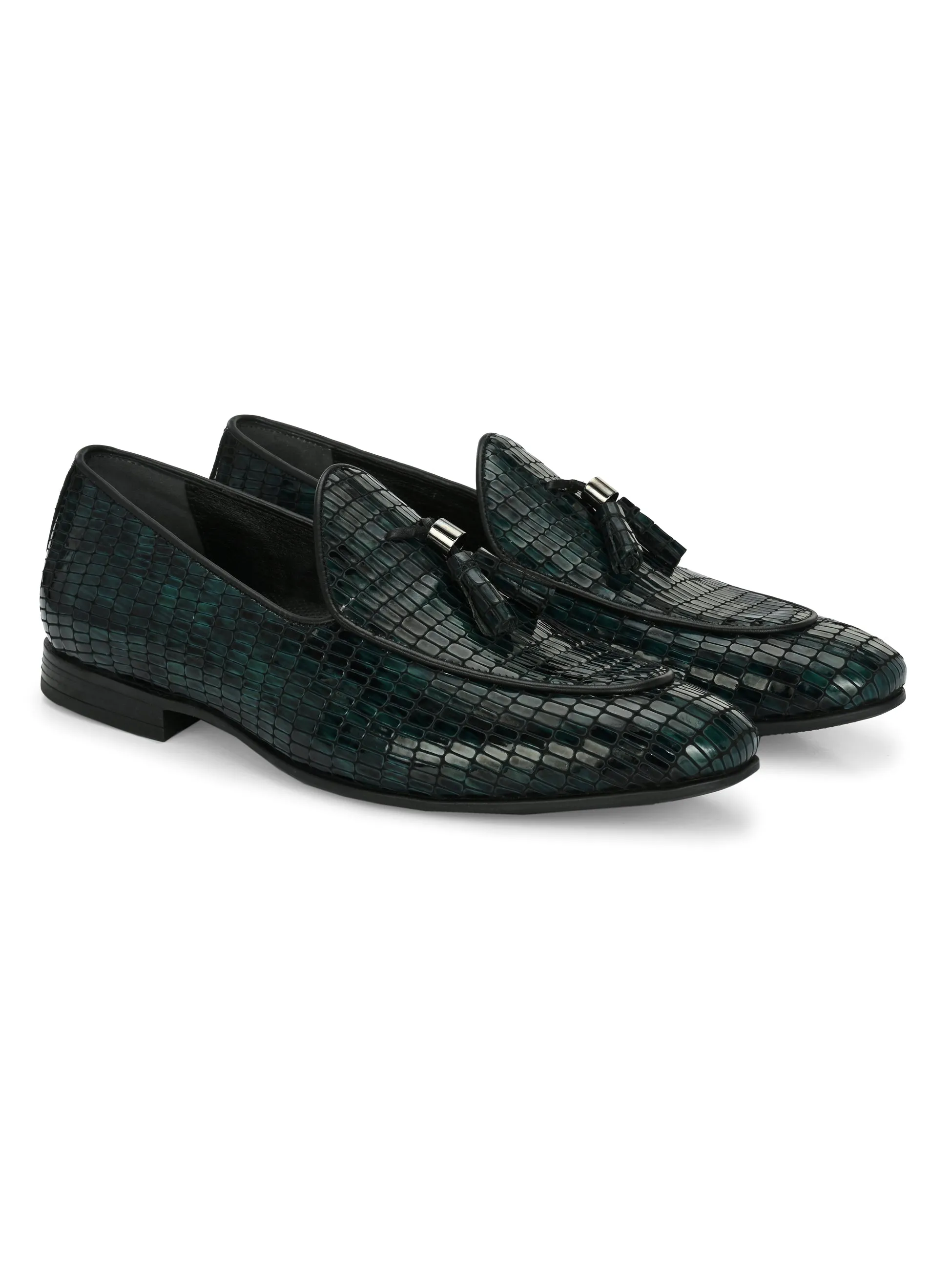 Hitz Men's Green Leather Party Wear Tassel Shoes