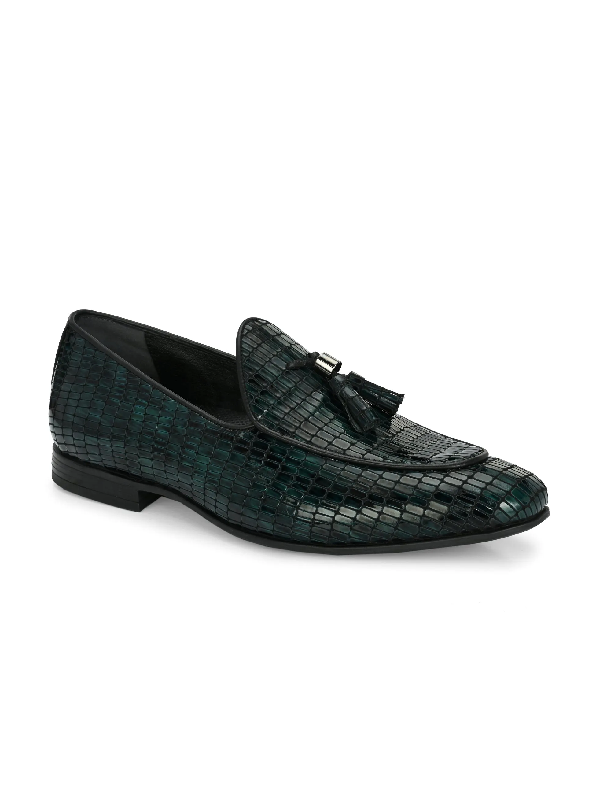 Hitz Men's Green Leather Party Wear Tassel Shoes